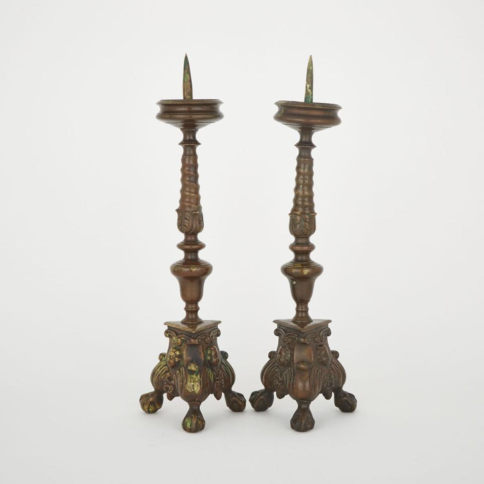 Pair of Italian Baroque Style Pricket Candlesticks, early 20th century