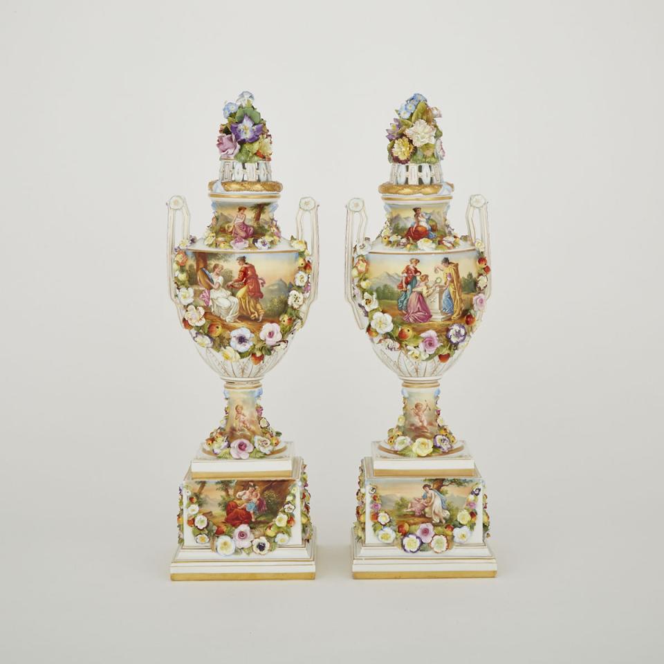 Pair of Carl Thieme Potschappel Dresden Covered Vases, 20th century
