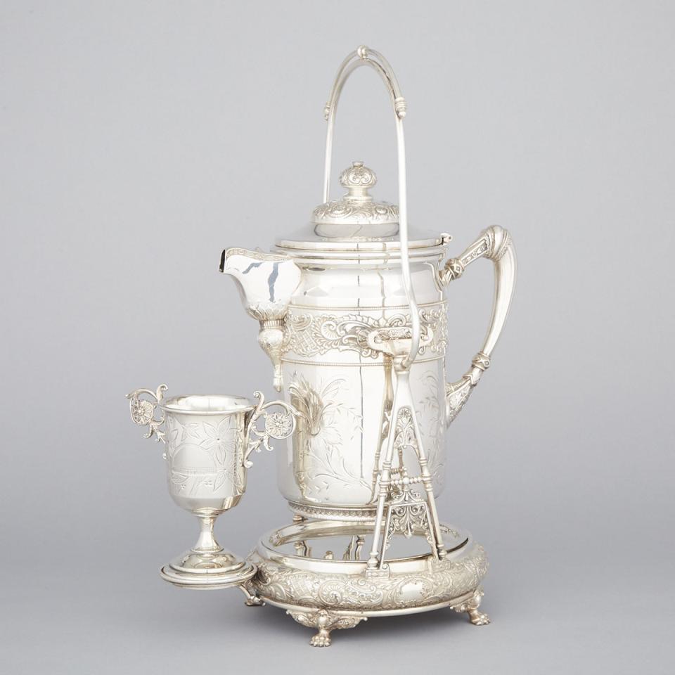 American Silver Plated Iced Water Jug on Stand, Wilcox Silver Plate Co., Meriden, Ct. and Cup, The Acme Silver Co., Toronto, Ont.,  c.1880