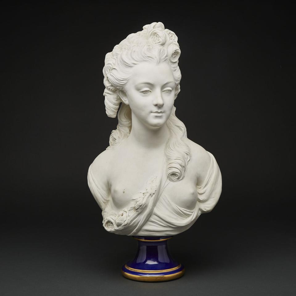 ‘Sèvres’ White Biscuit Portrait Bust of a Young Lady, after Caffieri, 20th century