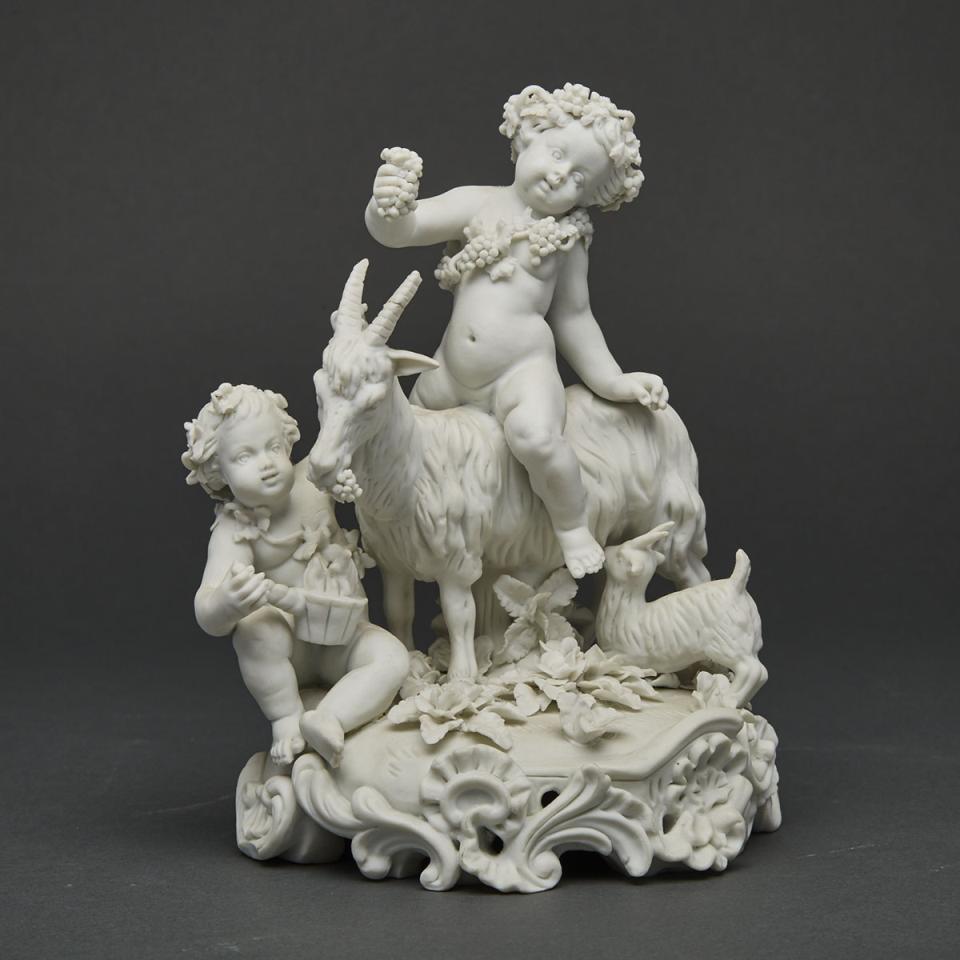Continental White Biscuit Group of Young Bacchus with Attendant and Goats, 19th century