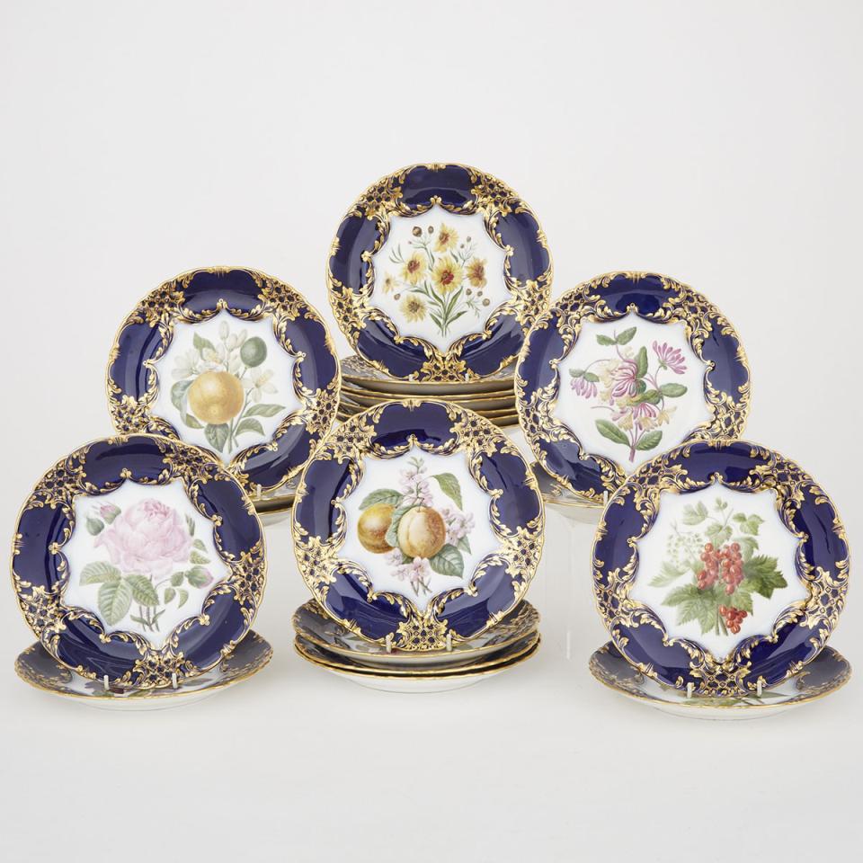 Twenty French Blue and Gilt Banded Fruit and Floral Decorated Dessert Plates, late 19th century