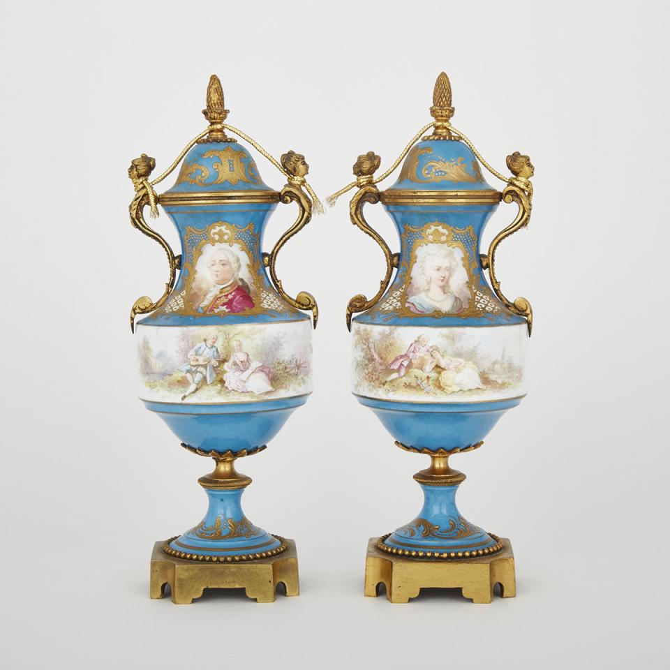Pair of Gilt Bronze Mounted ‘Sèvres’ Blue Ground Vases and Covers, 19th century