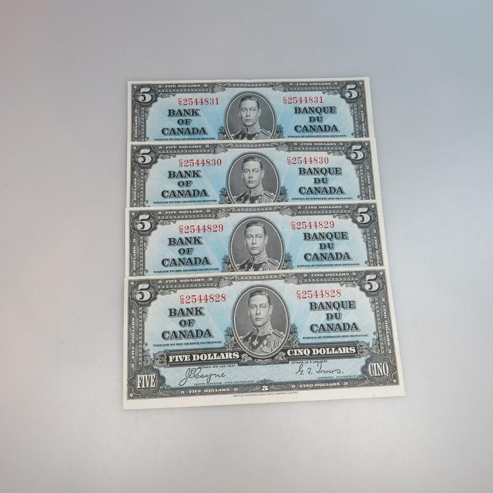 Four Canadian 1937 $5 Bank Notes