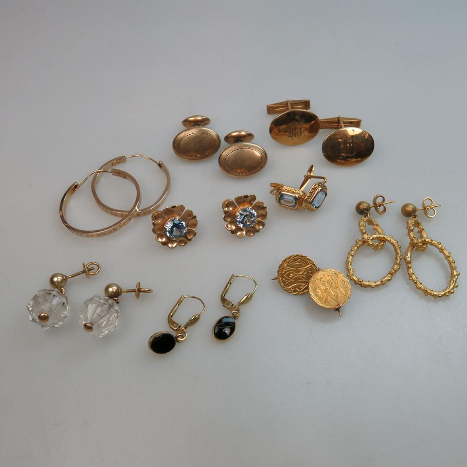 9 Various Pairs Of Gold Cufflinks And Earrings
