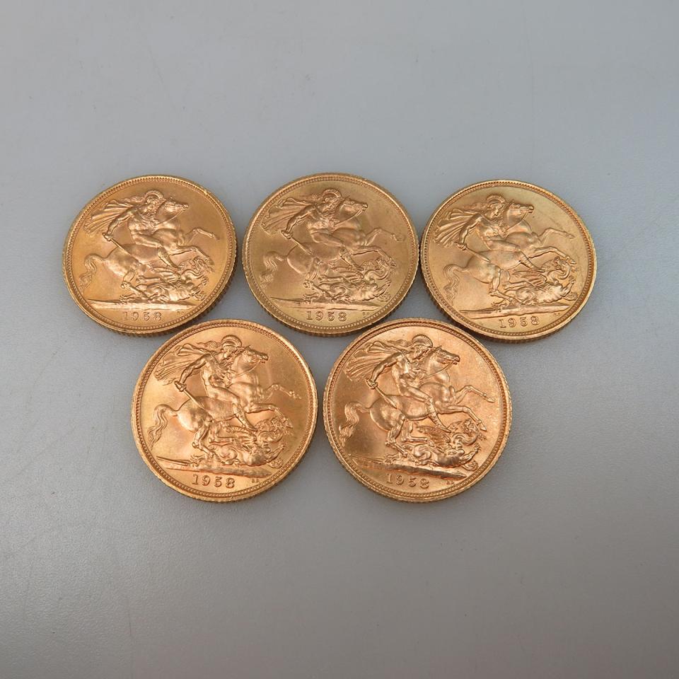 Five British Gold Sovereign Coins
