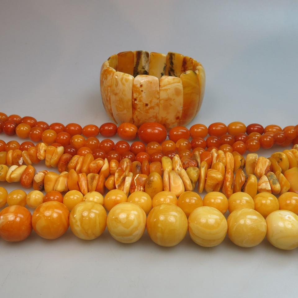 Four Amber Necklaces And A Bracelet