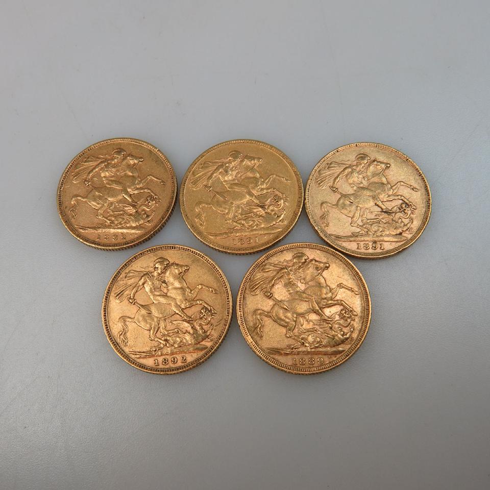 Five 19th Century British Gold Sovereign Coins