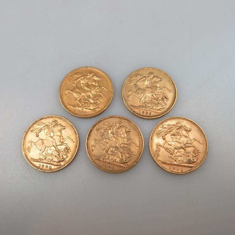 Five 19th Century Melbourne Gold Sovereign Coins