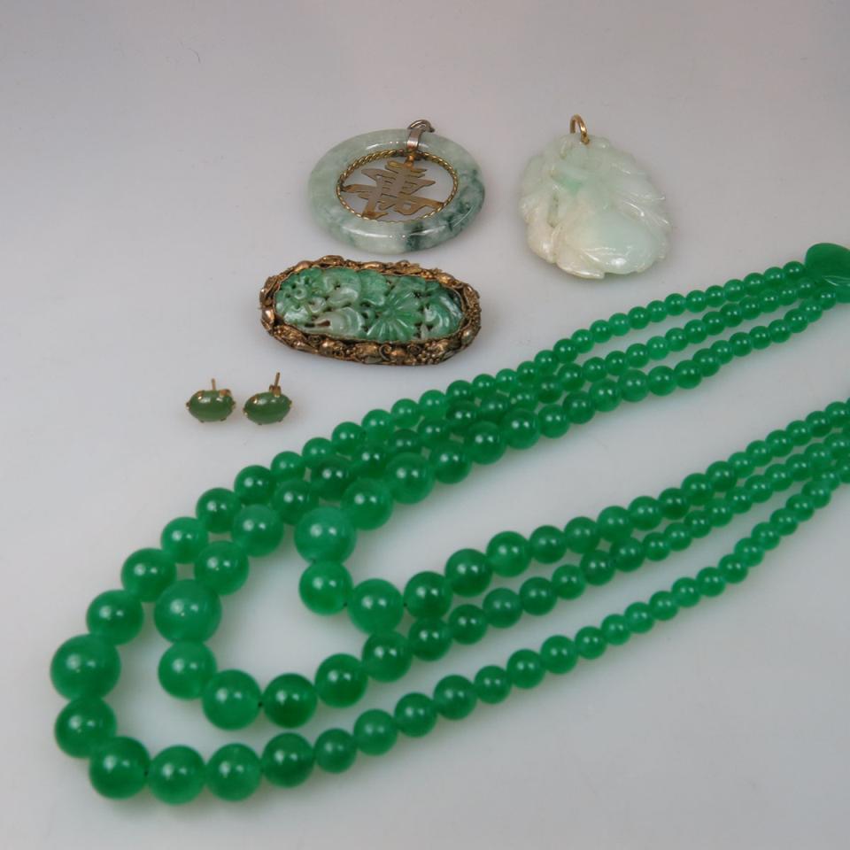 Carved Jade Pendant And 2 Brooches