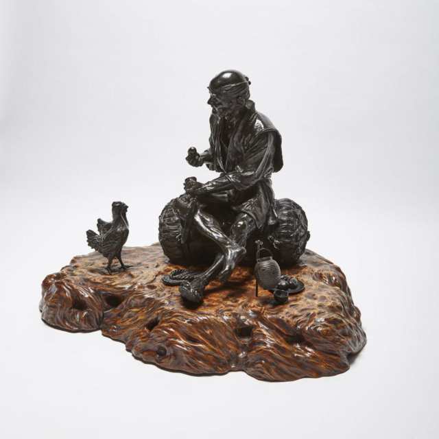 A Japanese Bronze Set of an Old Man with Chickens By Genryusai Seiya, Meiji Period