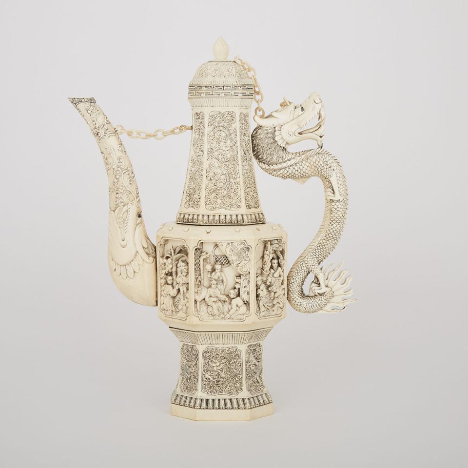A Large Chinese Figural Ivory Ewer, Qing Dynasty Mid 19th Century, Seal Mark to Base