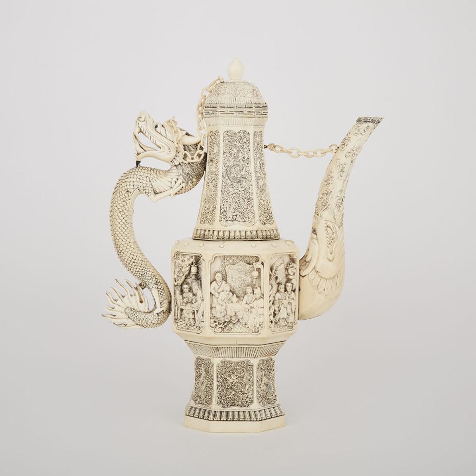 A Large Chinese Figural Ivory Ewer, Qing Dynasty Mid 19th Century, Seal Mark to Base