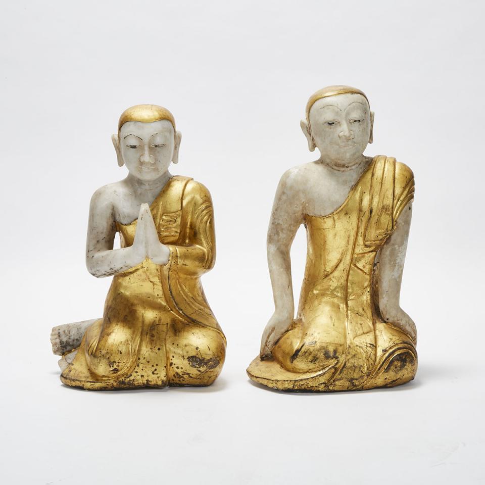A Pair of Burmese Gilt Marble Seated Monks, 19th Century