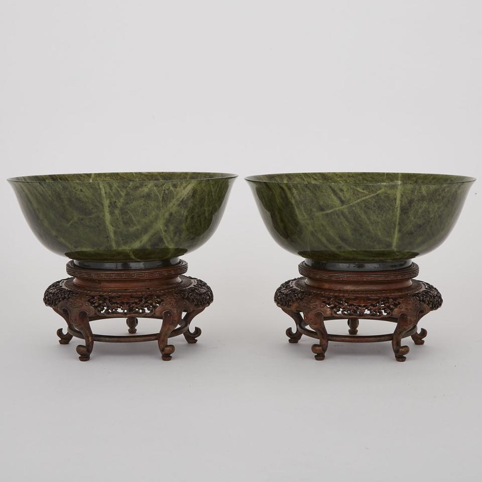 A Pair of Green Hardstone Bowls 