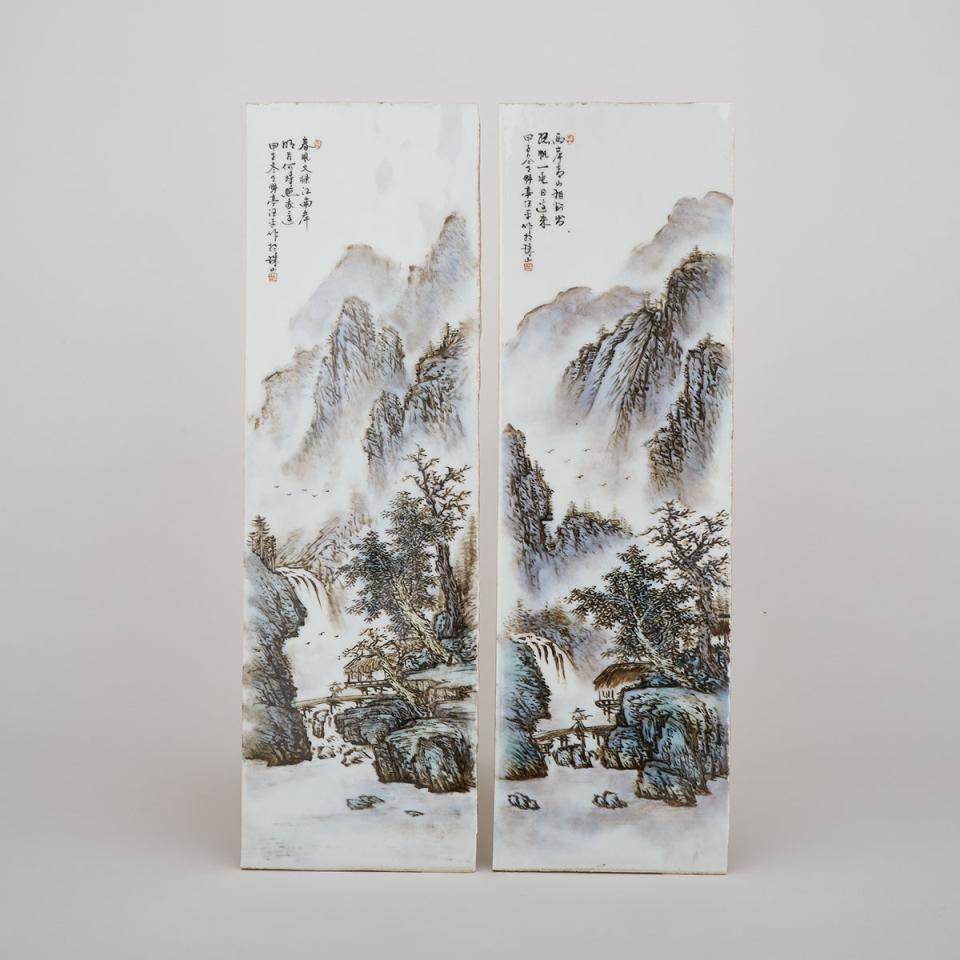 Attributed to Wang Yeting 汪野亭 (1884-1942), Two Porcelain Landscape Panels