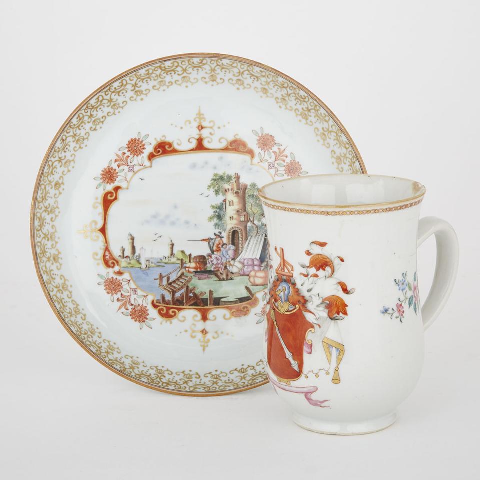 Chinese Export Porcelain Armorial Tankard and a European Subject Saucer Dish, 18th century