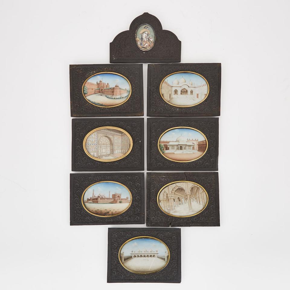Collection of 8 Indian Company School Miniatures on Ivory of Empress Mumtaz Mahal and the Taj Mahal, mid 19th century