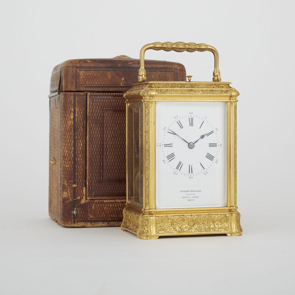 French Engraved Gilt Metal Repeating Carriage Clock, c.1890