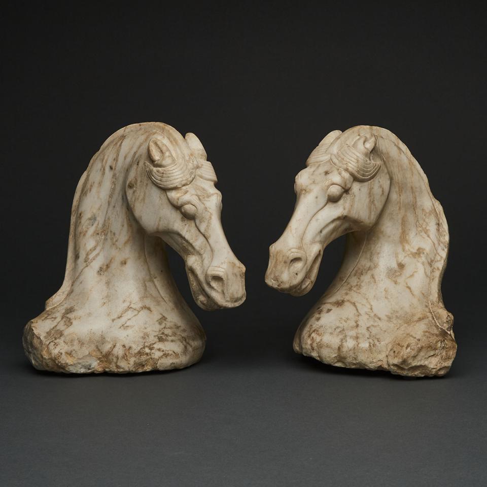Pair of Chinese Tang Style Carved Marble Horse Heads, early 20th century