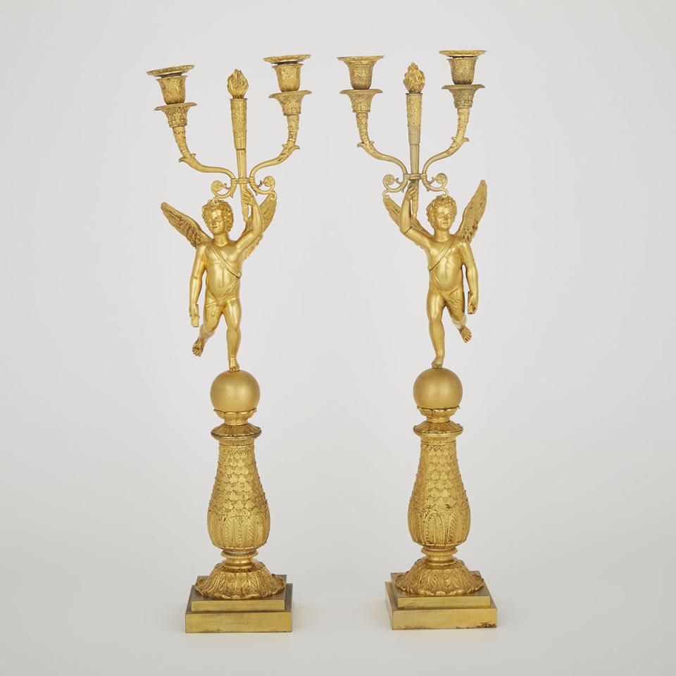 Pair of French Restauration Gilt Bronze Figural Candelabra, early 19th century