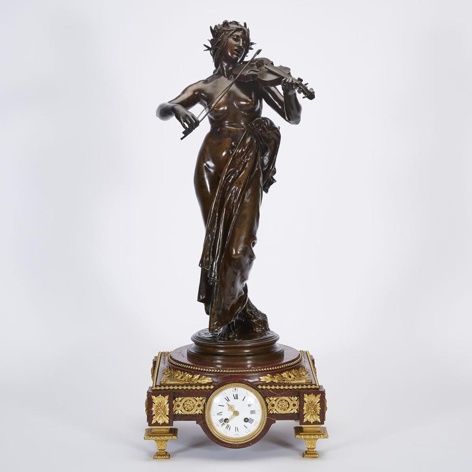 French Bronze and Ormolu Mounted Marble Figural Mantle Clock by F. Barbedienne, Paris, late 19th century