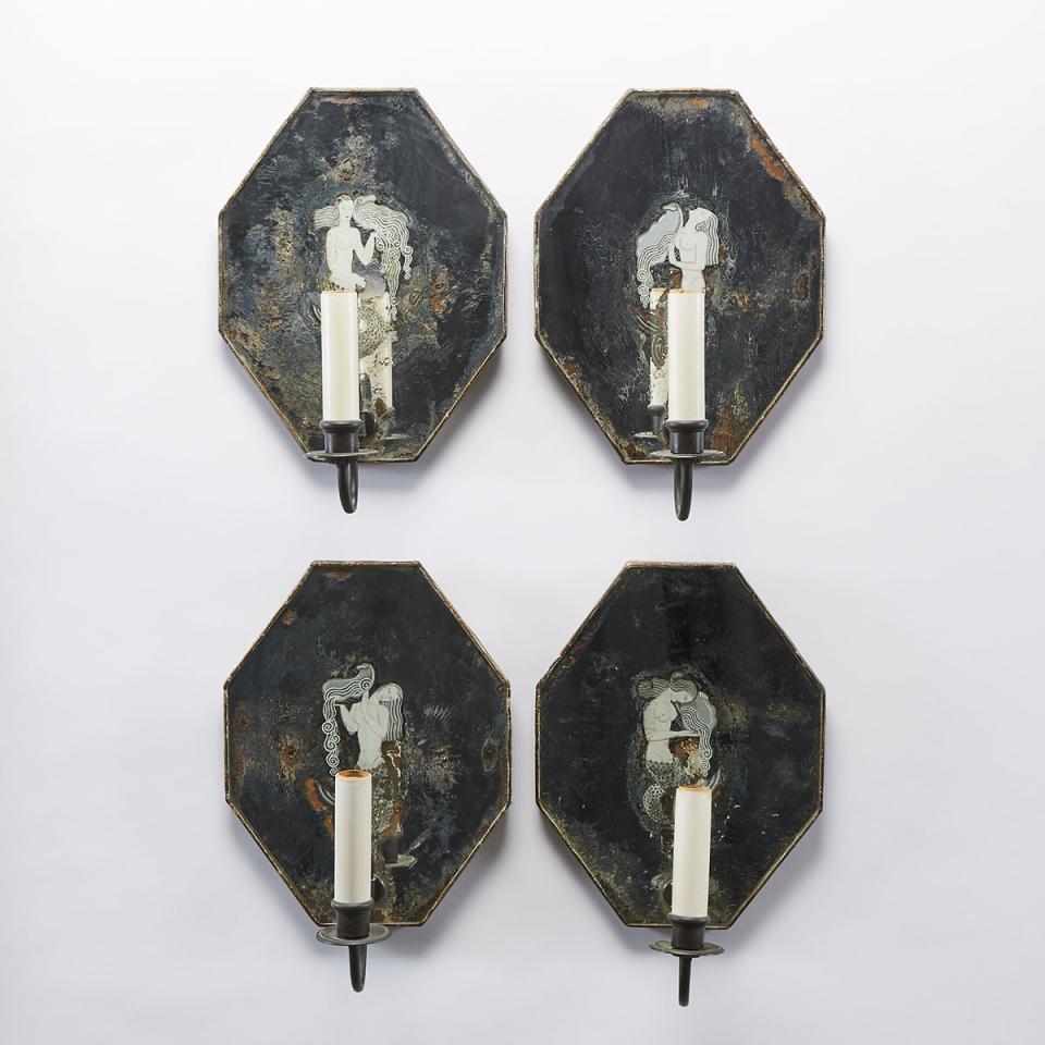 Set of Four French Art Deco Mirrored Wall Sconces, c.1920