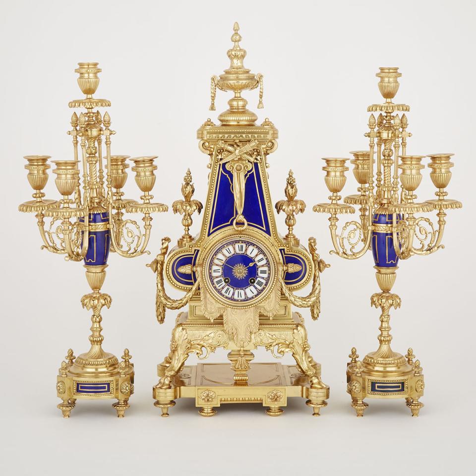 Napoleon III Sevres Style Porcelain Mounted Gilt Bronze Mantel Clock Garniture, 19th century