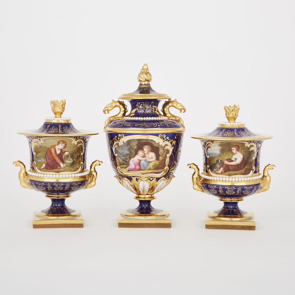 Flight, Barr & Barr Worcester Garniture of Three Blue Ground Vases with Covers, attributed to John Pennington, c.1820-25