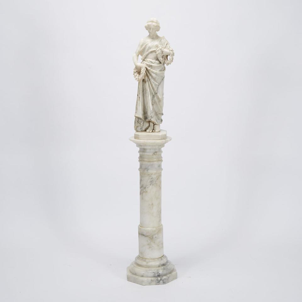 Italian Carved Alabaster Figure of Nike on Column Form Pedestal, c.1900
