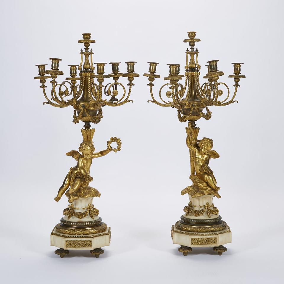 Large Pair of Louis XVI Style Gilt Bronze and White Marble Figural Candelabra, late 19th century