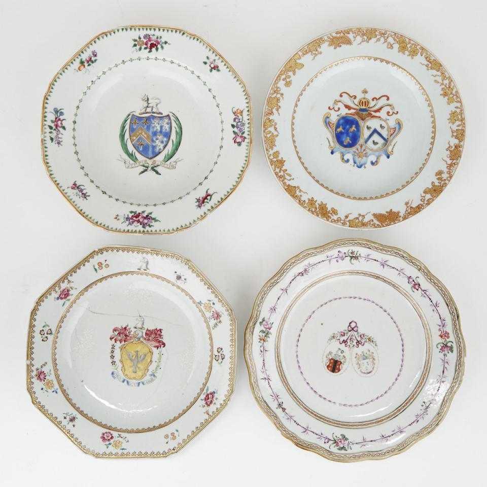 Four Chinese Export Porcelain Armorial Plates, late 18th century