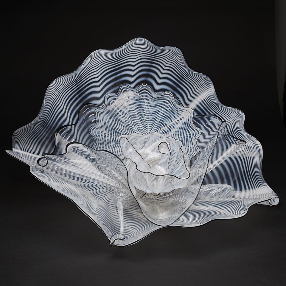 Dale Chihuly (1941-) American
White Seaform Glass Group with Onyx Lip Wraps, c.1995 and 1999
