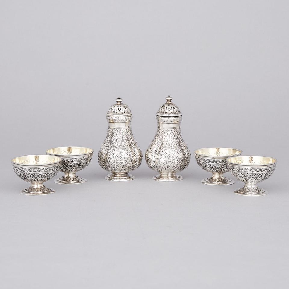 Set of Four Victorian Silver ‘Ashburnham’ Pattern Salt Cellars and Two Pepper Casters, John Hunt & Robert Roskell, London, 1867/68