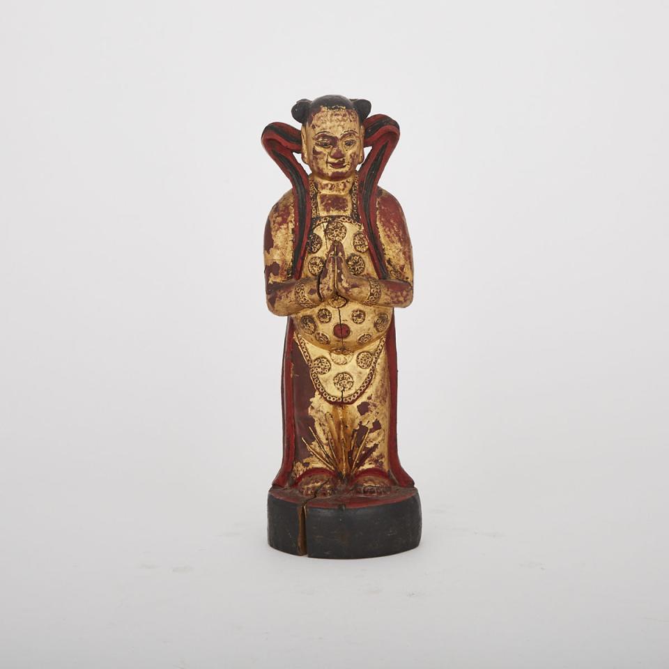 A Gilt Wood Lacquered Guanyin Attendant, Shancai 善財童子, 19th Century