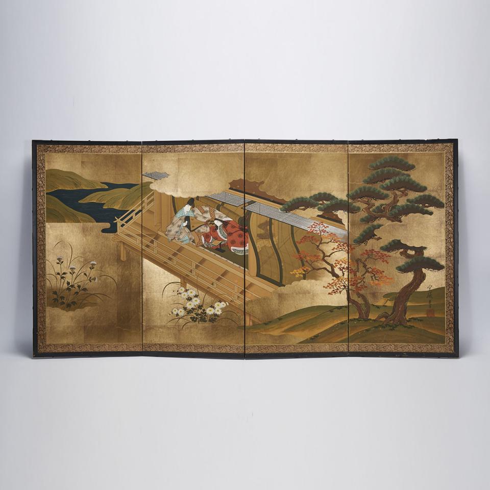A Japanese Folding Screen of an Imperial Garden Scene