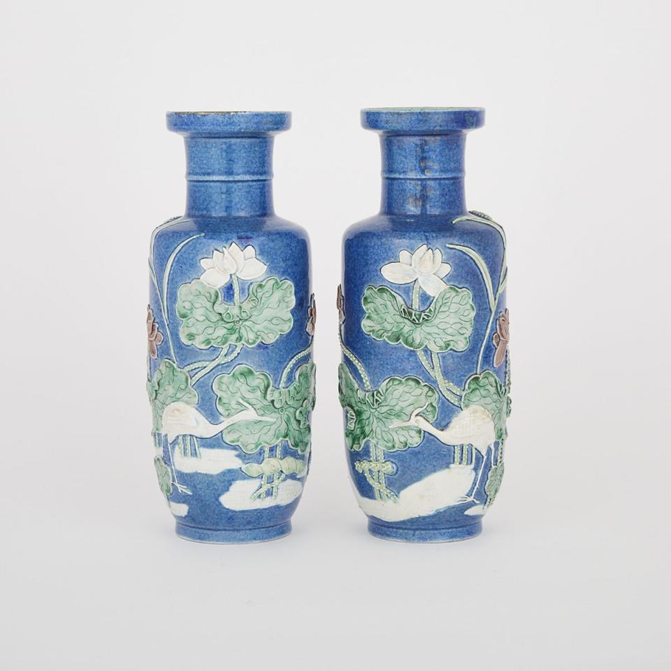 A Pair of Blue Moulded Vases, Wang Bingrong 王炳荣 Mark