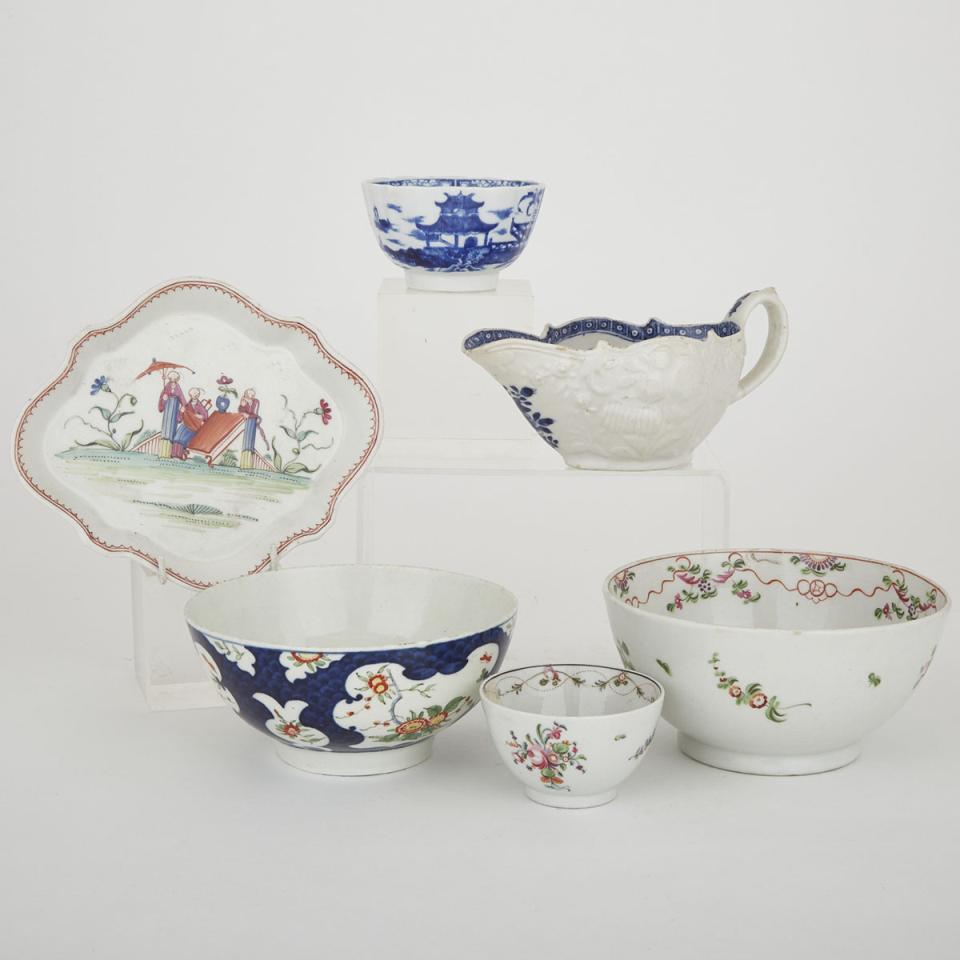 English Porcelain Sauce Boat, Teapot Stand, Two Waste Bowls and Two Tea Bowls, late 18th century