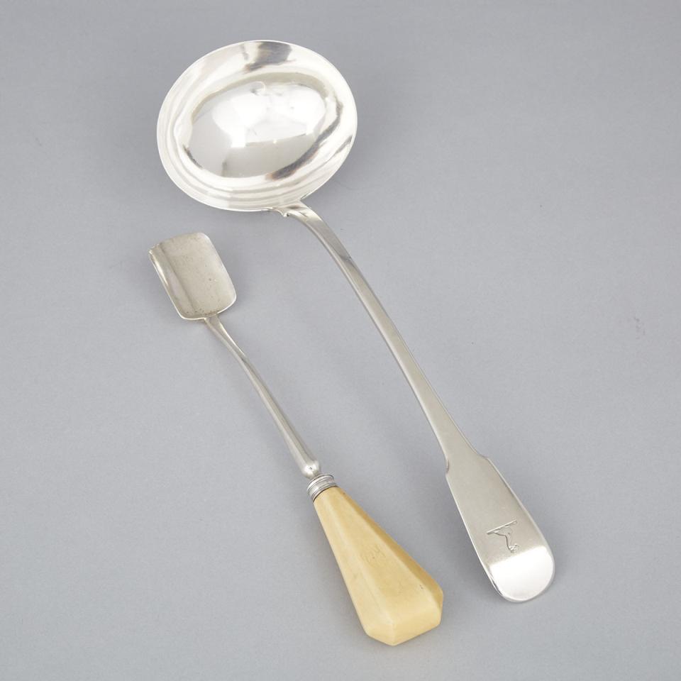 George III Silver Fiddle Pattern Soup Ladle and Cheese Scoop with ivory Handle, William Eley & William Fearn, London, 1814/17
