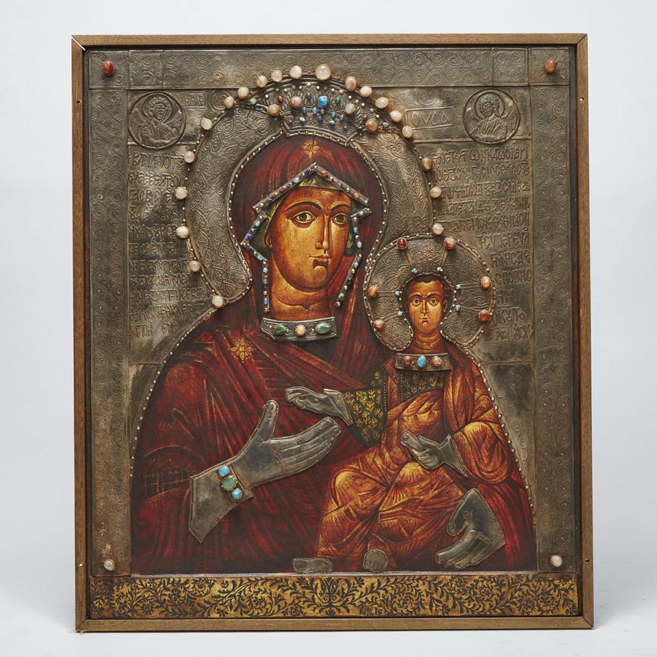 Massive Eastern Orthodox Stone Mounted Byzantine Icon of the Virgin and Christ, mid 20th century