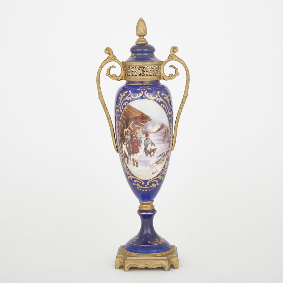 Gilt Metal Mounted ‘Sèvres’ Blue Ground Covered Vase, early 20th century