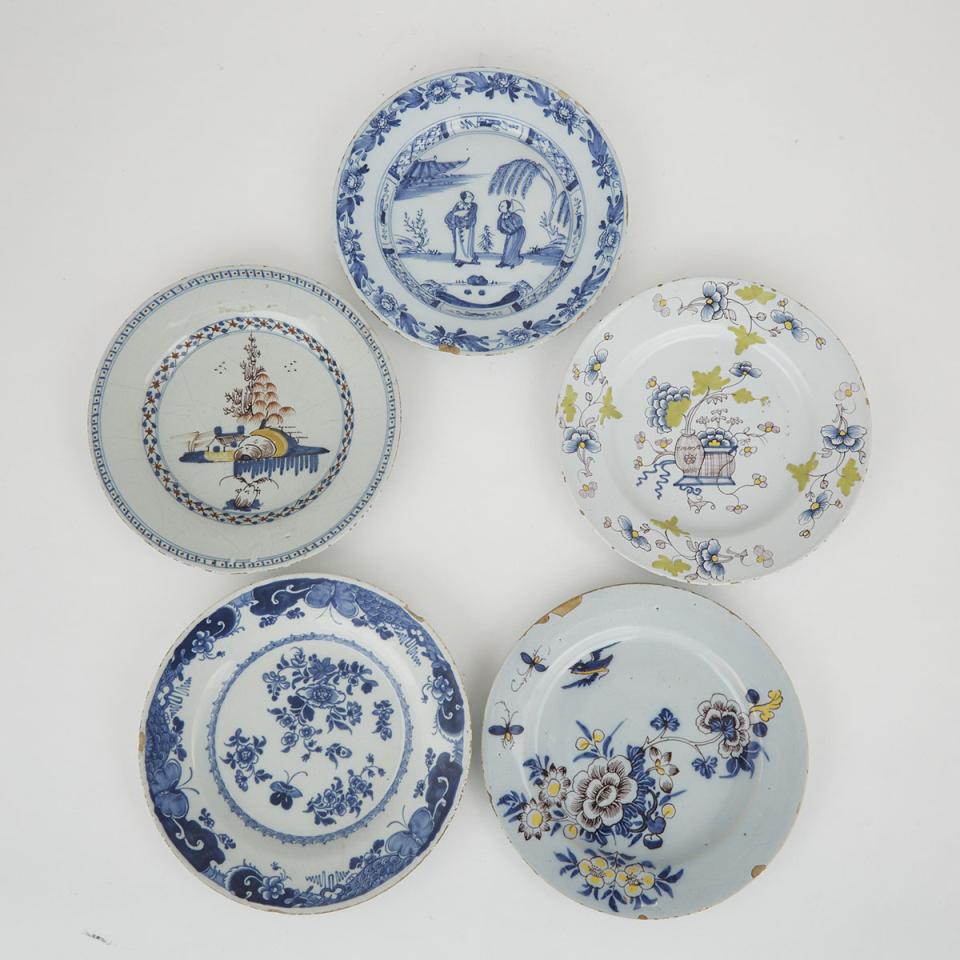 Five English and Irish Delft Plates, second half-18th century