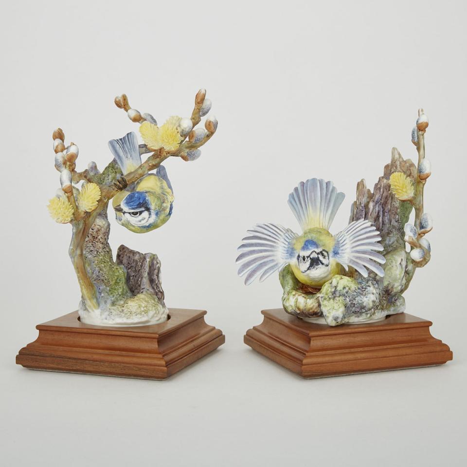 Pair of Royal Worcester ‘Blue Tit and Pussy Willow’ Bird Models, 362/500, Dorothy Doughty, 1964 