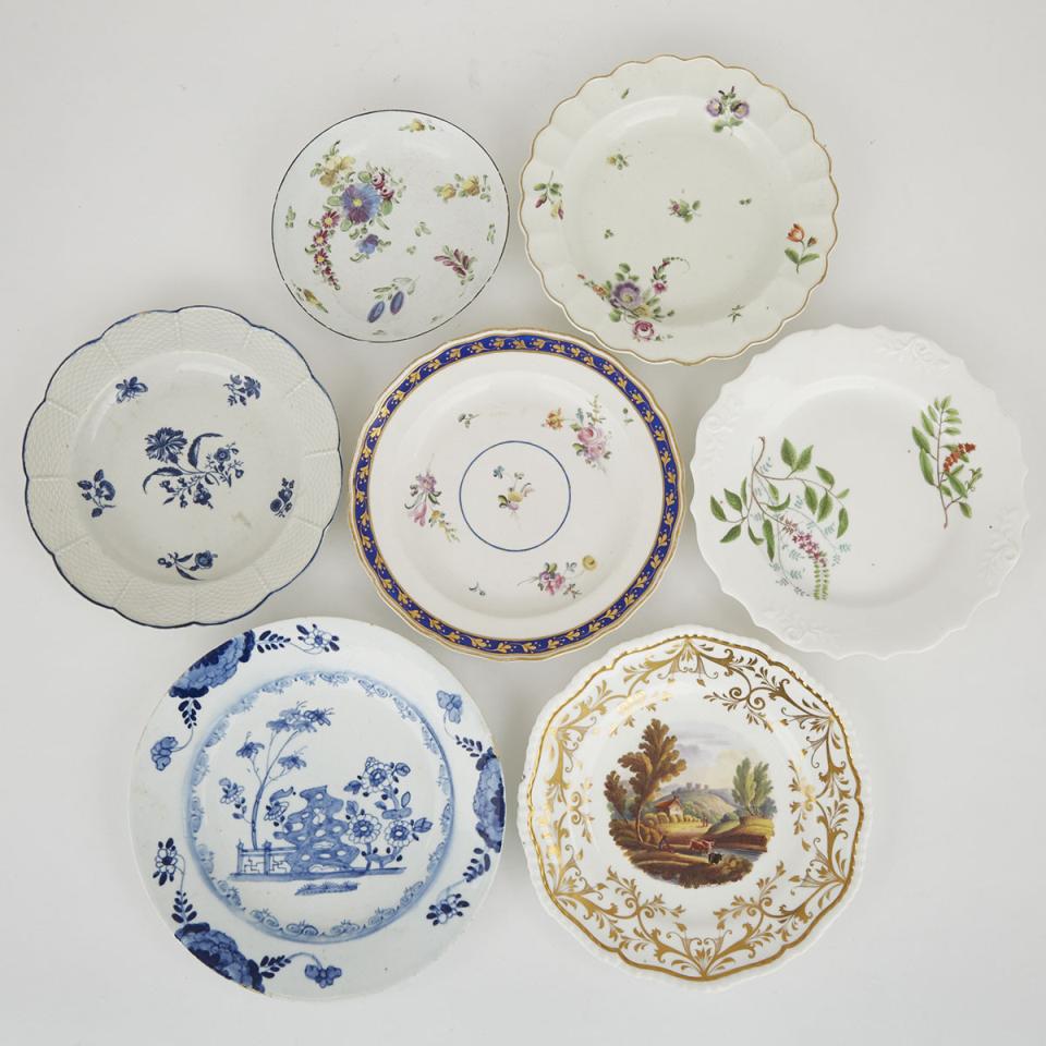 Six English Porcelain Plates and a Saucer Dish, 18th/early 19th century 