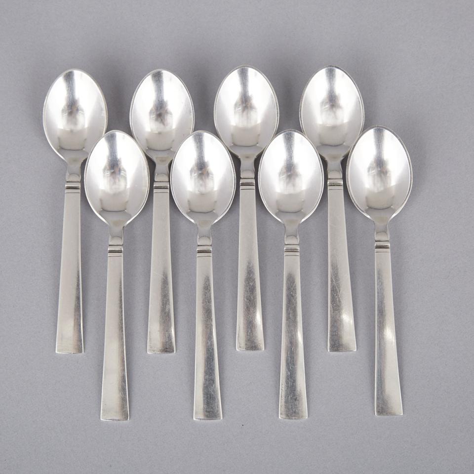 Eight Danish Silver ‘Blok’ or ‘Acadia’ Pattern Coffee Spoons, Just Andersen for Georg Jensen, Copenhagen, c.1934-44