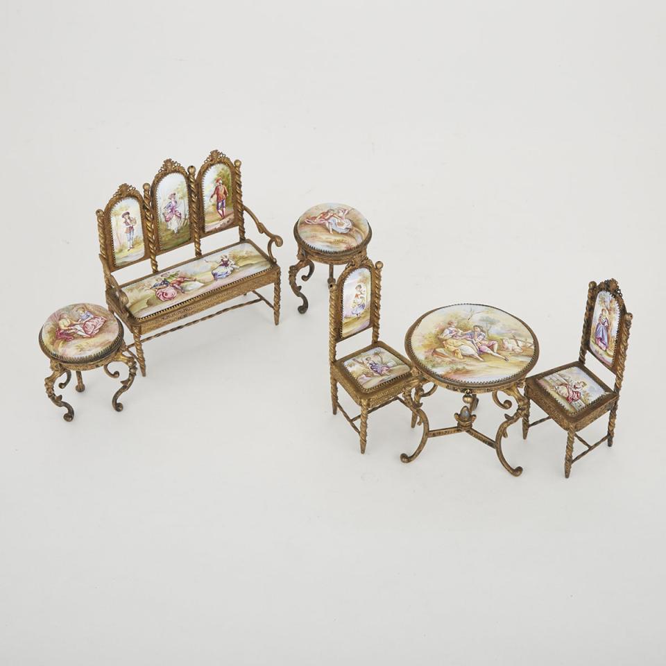 Six Piece Miniature Viennese Gilt Bronze and Enamel Furniture Suite, late 19th century
