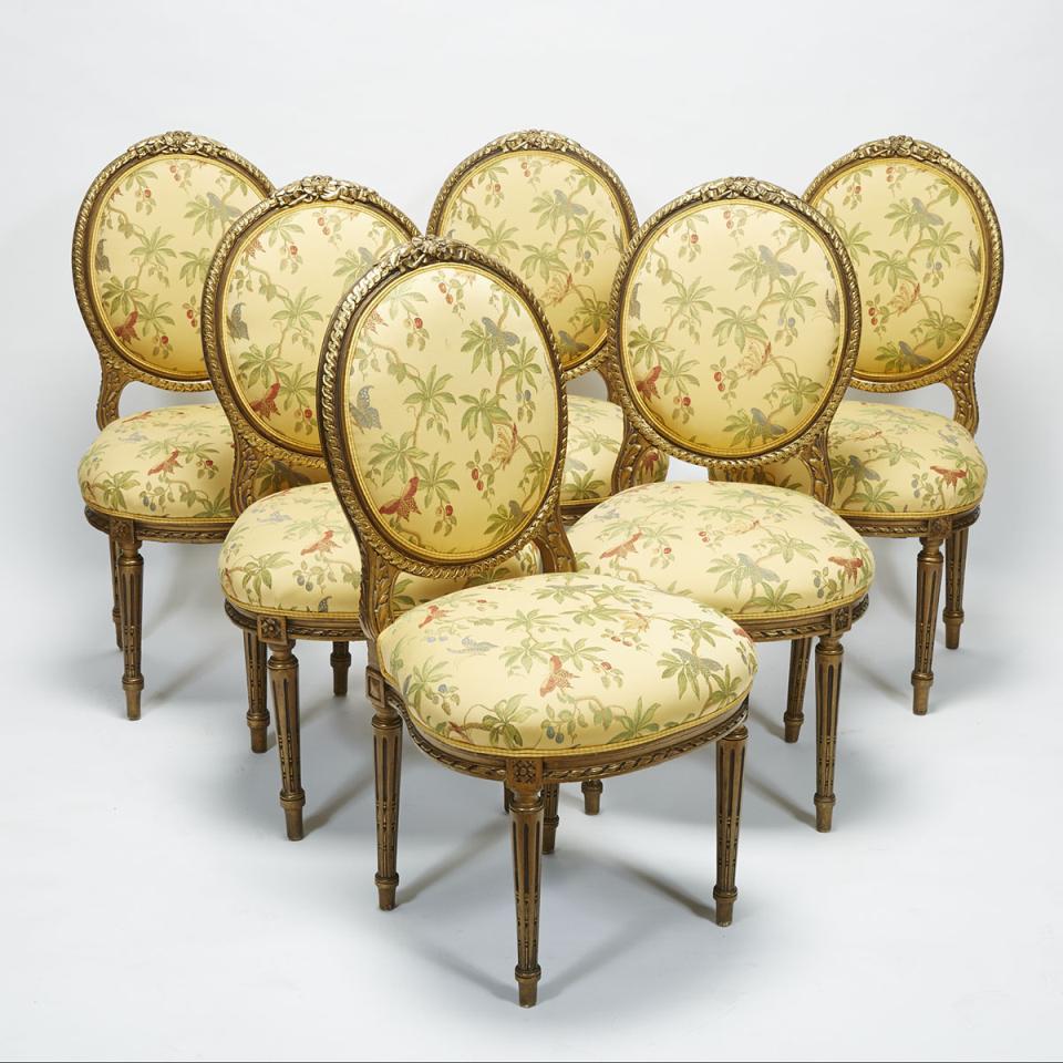 Set of SIx Louis XVI Style Giltwood SIde Chairs, 20th century