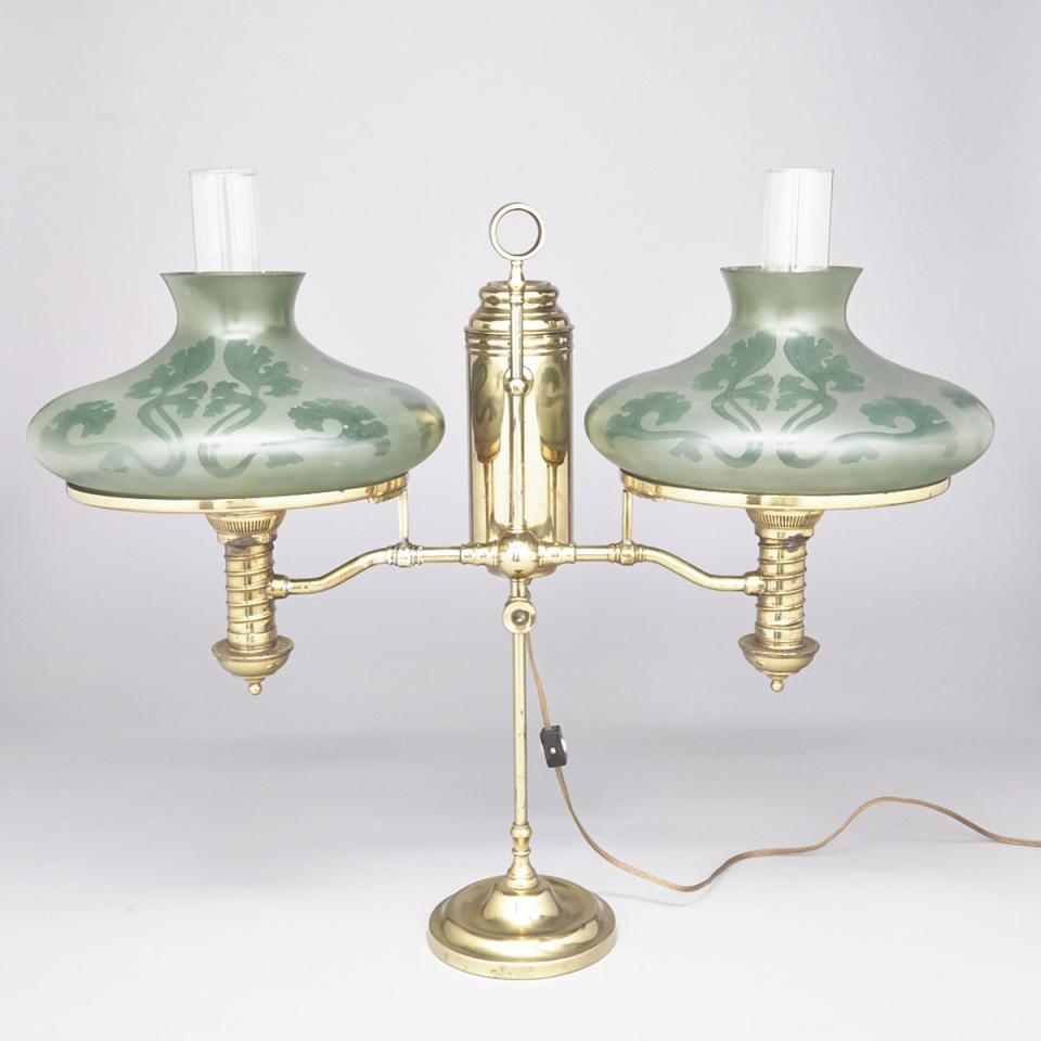 Handel Lacquered Brass and Glass Two Light Student Desk Lamp, c.1910