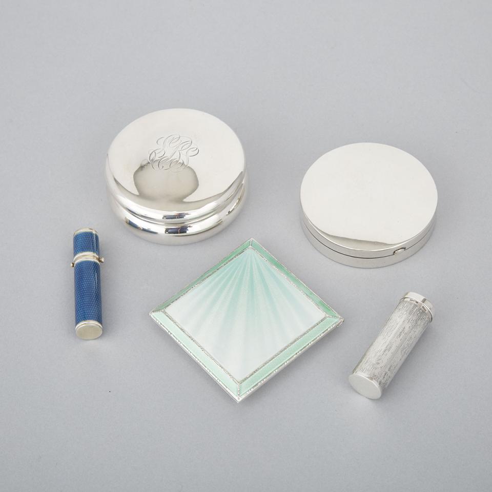 Five Silver and Enamel Compacts, Lipsticks and Cosmetic Boxes, 20th century