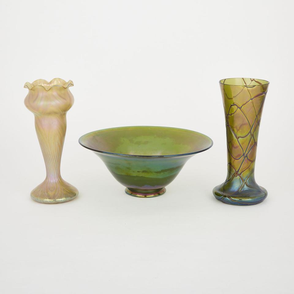 Two Bohemian Iridescent Glass Vases and a Bowl, early 20th century